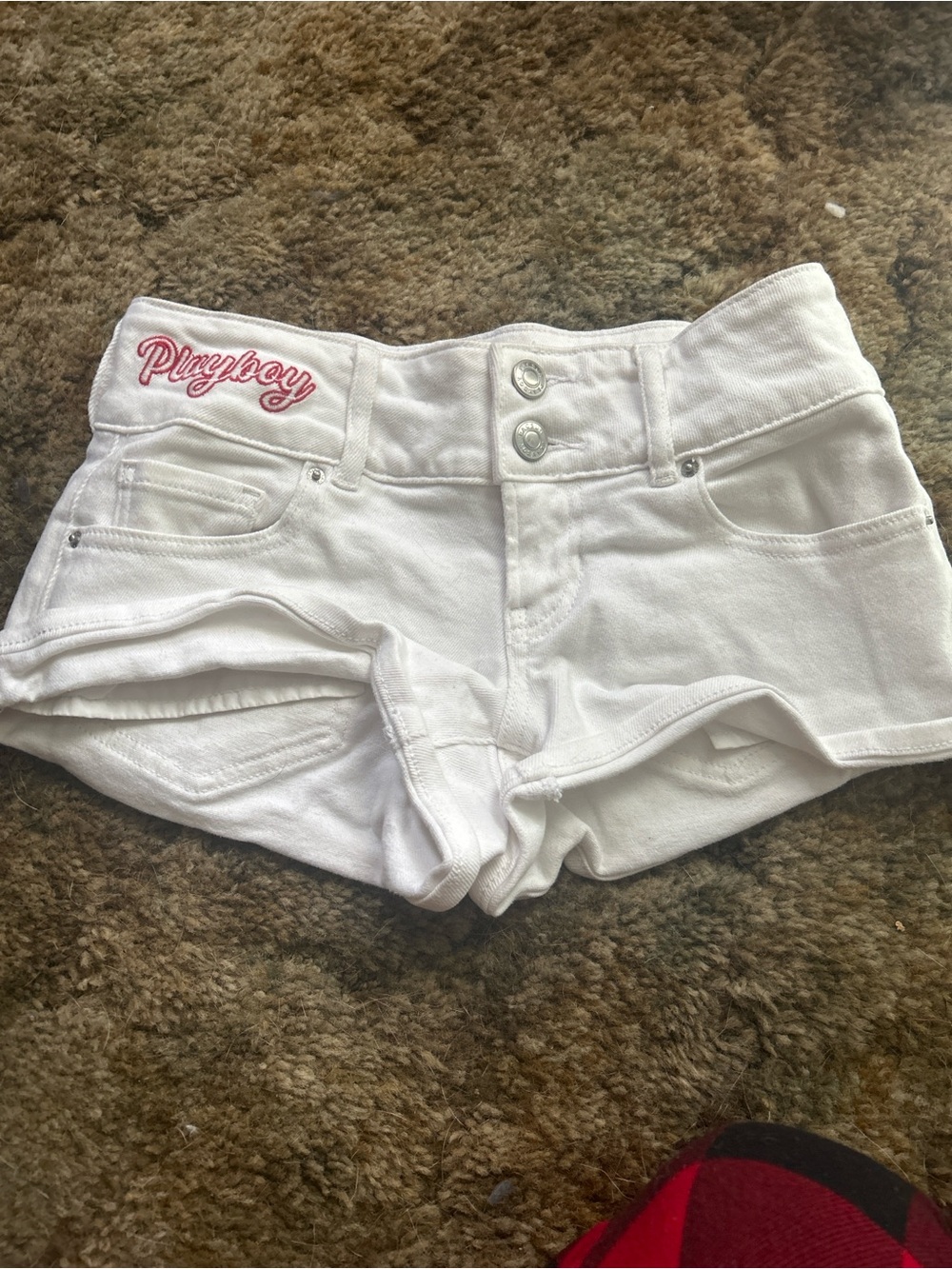 PLAYBOY White Low-Rise Denim Short Shorts with Pink Logo
